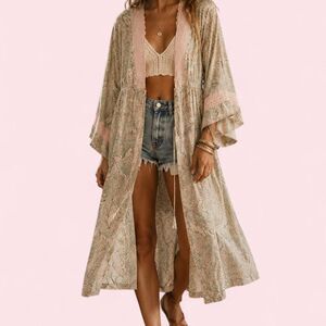 Floreat Anthropologie Paisley Duster Kimono | Boho Eyelet Trim Maxi Robe S
